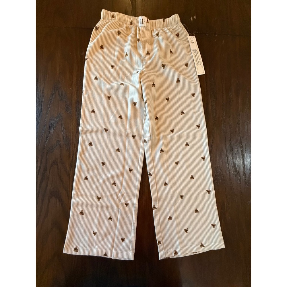 Gap Pajama Pants Kids Size 12 Tan White Striped New Teddy Bear Print Sleepwear